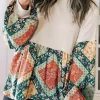 Discount Dear-Lover Paisley Geometric Patchwork Crew Neck Loose Fit Top Jet Stream