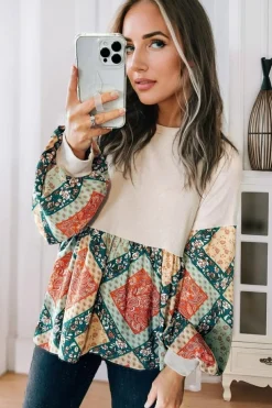 Discount Dear-Lover Paisley Geometric Patchwork Crew Neck Loose Fit Top Jet Stream