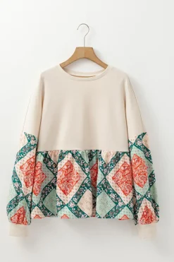 Discount Dear-Lover Paisley Geometric Patchwork Crew Neck Loose Fit Top Jet Stream