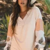 Outlet Dear-Lover Palm Leaves Polka Dot Puff Sleeve Patchwork V Neck Loose Blouse Jet Stream