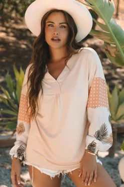 Outlet Dear-Lover Palm Leaves Polka Dot Puff Sleeve Patchwork V Neck Loose Blouse Jet Stream