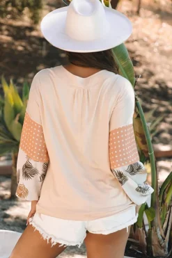 Outlet Dear-Lover Palm Leaves Polka Dot Puff Sleeve Patchwork V Neck Loose Blouse Jet Stream