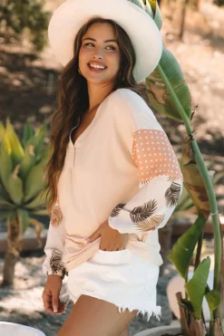 Outlet Dear-Lover Palm Leaves Polka Dot Puff Sleeve Patchwork V Neck Loose Blouse Jet Stream