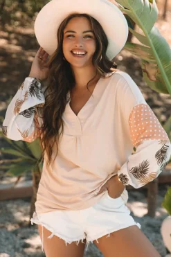 Outlet Dear-Lover Palm Leaves Polka Dot Puff Sleeve Patchwork V Neck Loose Blouse Jet Stream
