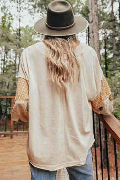 Outlet Dear-Lover Palm Leaves Polka Dot Puff Sleeve Patchwork V Neck Loose Blouse Jet Stream