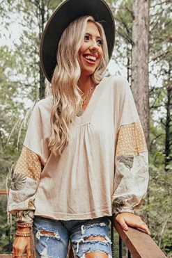 Outlet Dear-Lover Palm Leaves Polka Dot Puff Sleeve Patchwork V Neck Loose Blouse Jet Stream