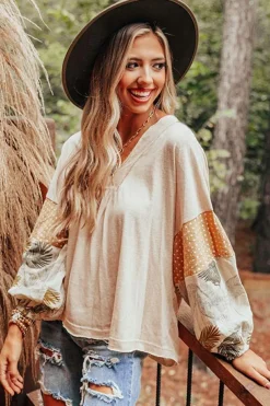 Outlet Dear-Lover Palm Leaves Polka Dot Puff Sleeve Patchwork V Neck Loose Blouse Jet Stream