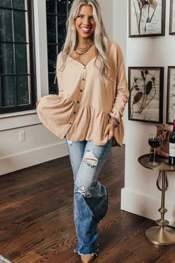 Outlet Dear-Lover Ruffled V Neck Buttoned V Neck Shirt Jet Stream