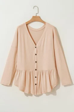 Outlet Dear-Lover Ruffled V Neck Buttoned V Neck Shirt Jet Stream