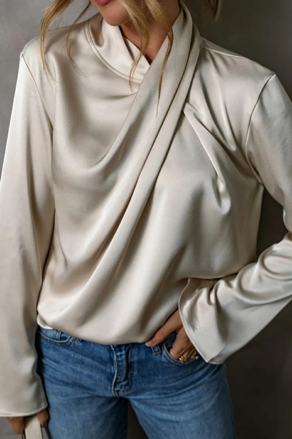 Outlet Dear-Lover Satin Cross Front Slit Back Blouse Jet Stream