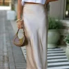 Best Dear-Lover Satin Solid High Waist Maxi Skirt Jet Stream