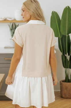 Fashion Dear-Lover Shirt Collar Buttoned Patchwork Short Sleeve Mini Dress Jet Stream