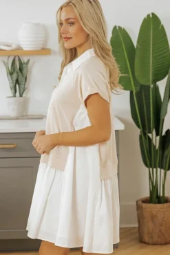 Fashion Dear-Lover Shirt Collar Buttoned Patchwork Short Sleeve Mini Dress Jet Stream