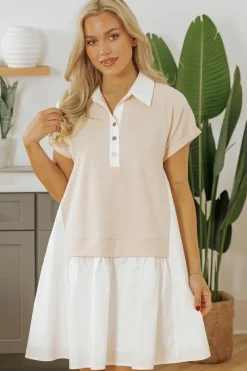 Fashion Dear-Lover Shirt Collar Buttoned Patchwork Short Sleeve Mini Dress Jet Stream