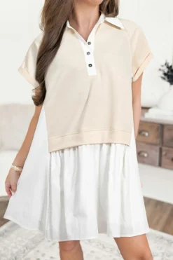 Fashion Dear-Lover Shirt Collar Buttoned Patchwork Short Sleeve Mini Dress Jet Stream