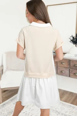 Fashion Dear-Lover Shirt Collar Buttoned Patchwork Short Sleeve Mini Dress Jet Stream