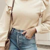 Best Dear-Lover Solid Color Ruffled Shoulder Long Sleeve Blouse Jet Stream