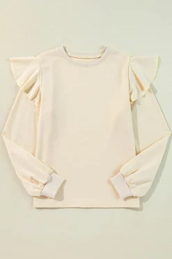 Best Dear-Lover Solid Color Ruffled Shoulder Long Sleeve Blouse Jet Stream