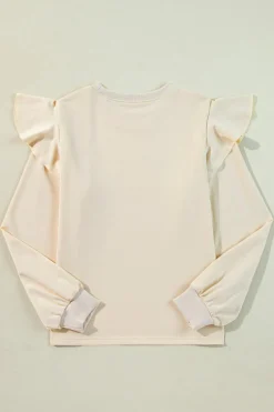 Best Dear-Lover Solid Color Ruffled Shoulder Long Sleeve Blouse Jet Stream