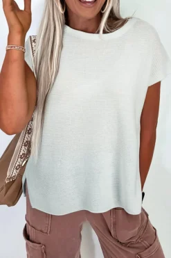 Best Dear-Lover Solid Color Sweater Tee with Side Slits Jet Stream