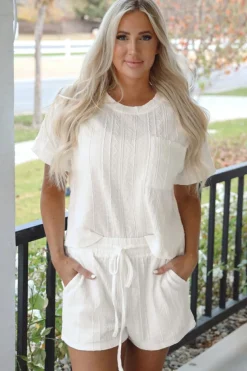 Best Dear-Lover Textured Patched Pocket Short Sleeve Top Drawstring Shorts Set Jet Stream