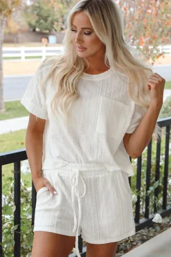 Best Dear-Lover Textured Patched Pocket Short Sleeve Top Drawstring Shorts Set Jet Stream