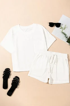 Best Dear-Lover Textured Patched Pocket Short Sleeve Top Drawstring Shorts Set Jet Stream
