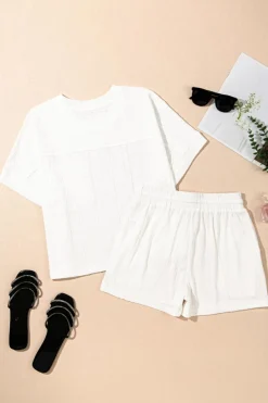 Best Dear-Lover Textured Patched Pocket Short Sleeve Top Drawstring Shorts Set Jet Stream