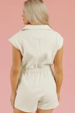Outlet Dear-Lover Textured Zipped Front V Neck Collared Casual Romper Jet Stream