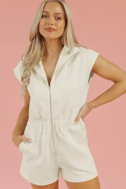 Outlet Dear-Lover Textured Zipped Front V Neck Collared Casual Romper Jet Stream