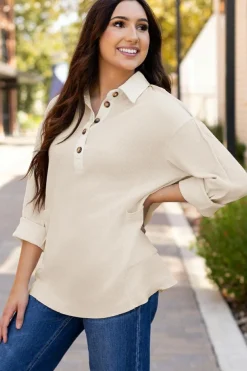 Best Dear-Lover Waffle Long Sleeve Collar Half Button Loose Top Jet Stream