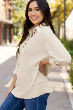 Best Dear-Lover Waffle Long Sleeve Collar Half Button Loose Top Jet Stream