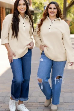 Best Dear-Lover Waffle Long Sleeve Collar Half Button Loose Top Jet Stream