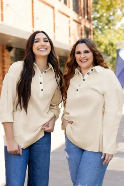 Best Dear-Lover Waffle Long Sleeve Collar Half Button Loose Top Jet Stream