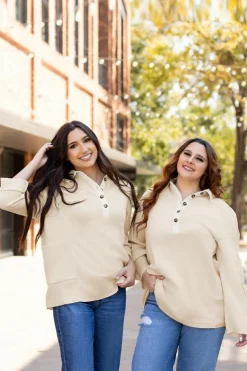 Best Dear-Lover Waffle Long Sleeve Collar Half Button Loose Top Jet Stream