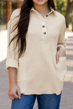 Best Dear-Lover Waffle Long Sleeve Collar Half Button Loose Top Jet Stream