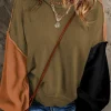 Sale Dear-Lover Colorblock Bishop Sleeve Ribbed Trim Sweater Jungle Green