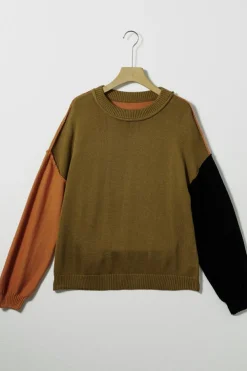 Sale Dear-Lover Colorblock Bishop Sleeve Ribbed Trim Sweater Jungle Green