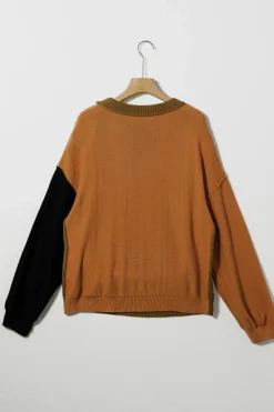 Sale Dear-Lover Colorblock Bishop Sleeve Ribbed Trim Sweater Jungle Green