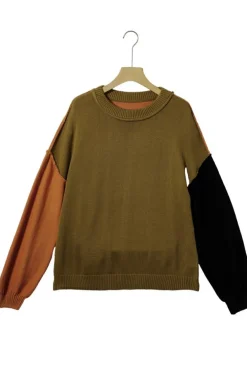 Sale Dear-Lover Colorblock Bishop Sleeve Ribbed Trim Sweater Jungle Green