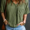 Outlet Dear-Lover Corded V Neck Chest Pocket Loose T-shirt Jungle Green