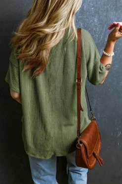 Outlet Dear-Lover Corded V Neck Chest Pocket Loose T-shirt Jungle Green