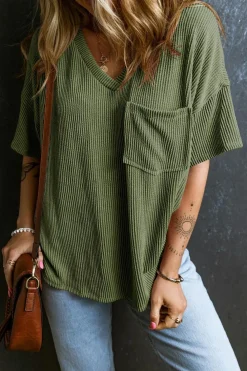 Outlet Dear-Lover Corded V Neck Chest Pocket Loose T-shirt Jungle Green