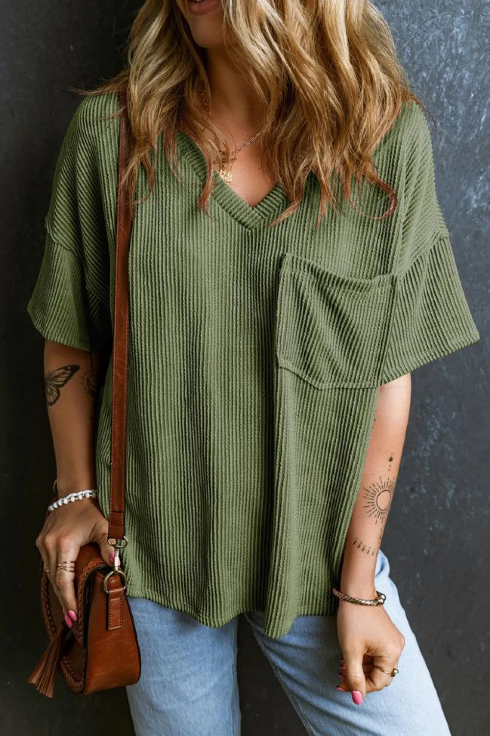 Outlet Dear-Lover Corded V Neck Chest Pocket Loose T-shirt Jungle Green