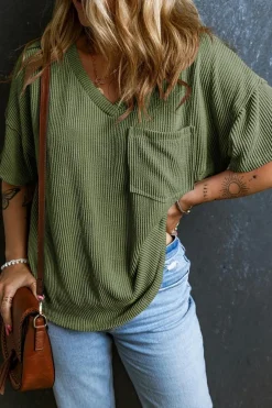 Outlet Dear-Lover Corded V Neck Chest Pocket Loose T-shirt Jungle Green