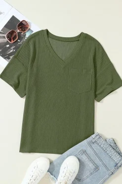 Outlet Dear-Lover Corded V Neck Chest Pocket Loose T-shirt Jungle Green