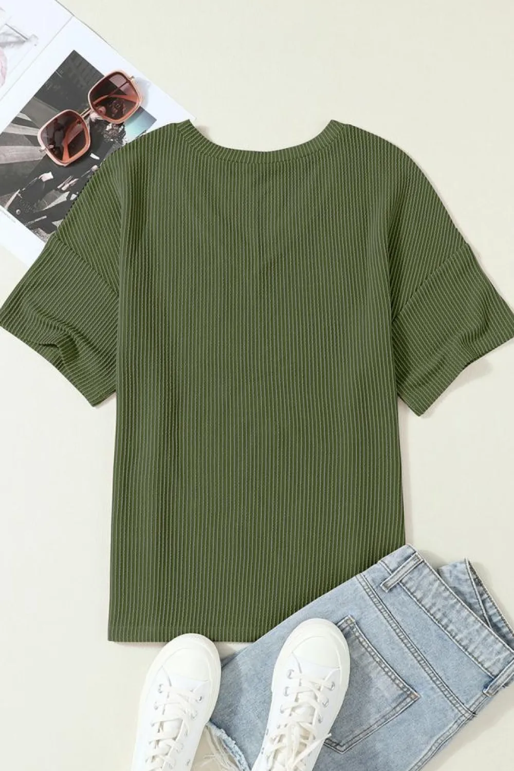 Outlet Dear-Lover Corded V Neck Chest Pocket Loose T-shirt Jungle Green