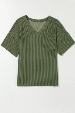 Outlet Dear-Lover Corded V Neck Chest Pocket Loose T-shirt Jungle Green