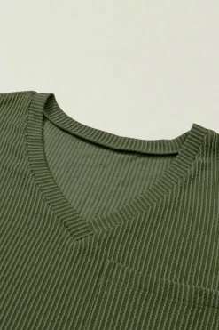 Outlet Dear-Lover Corded V Neck Chest Pocket Loose T-shirt Jungle Green