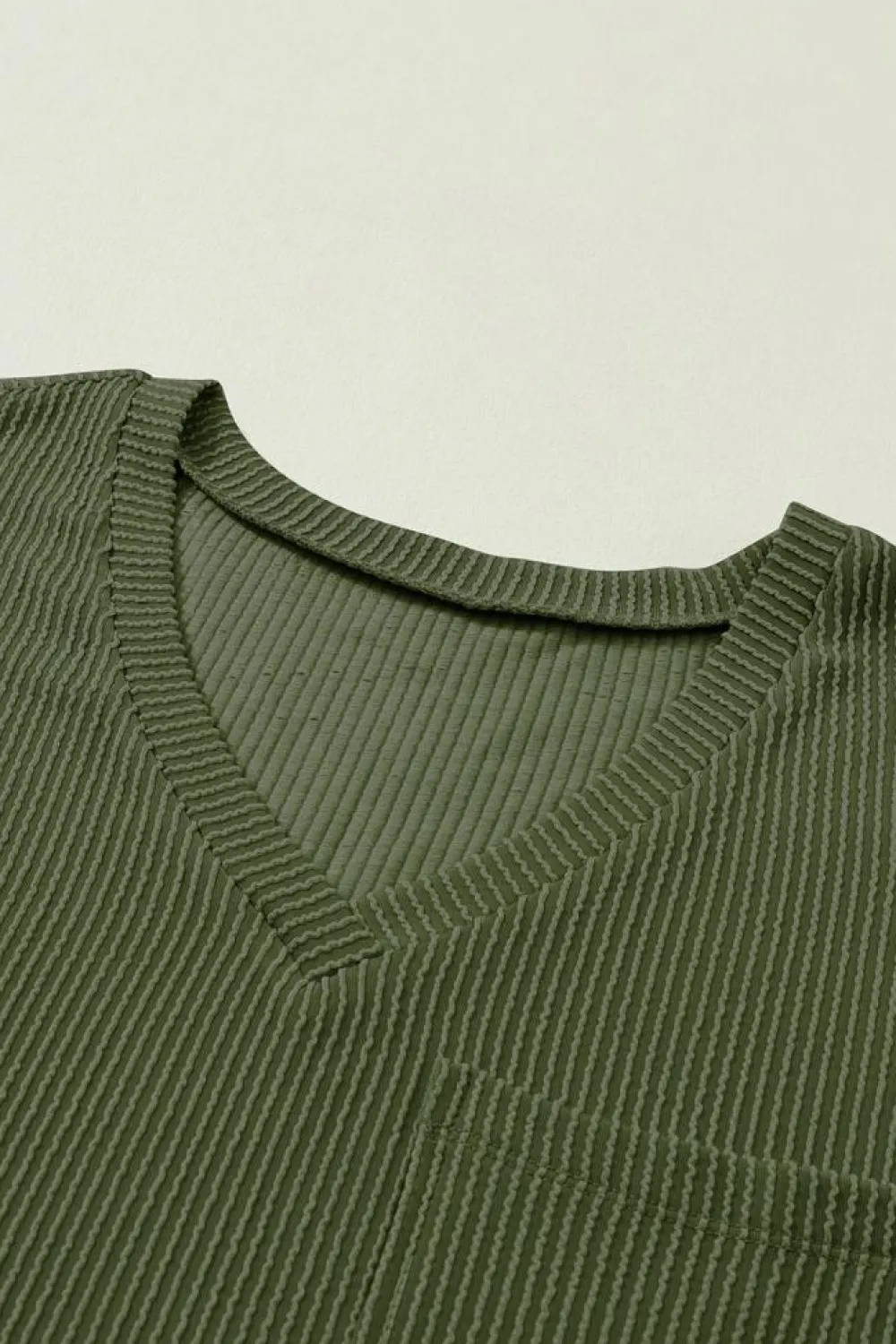 Outlet Dear-Lover Corded V Neck Chest Pocket Loose T-shirt Jungle Green